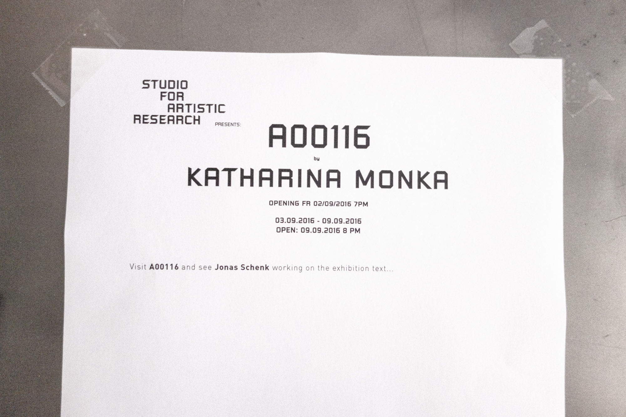 A00116 - Katharina Monka - Installation view - 02.09.2016 Studio For Artistic Research Katharina Monka Düsseldorf